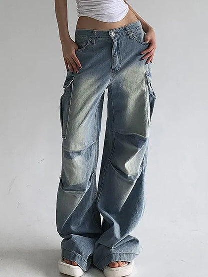 Vintage Washed Ruched Baggy Cargo Jeans