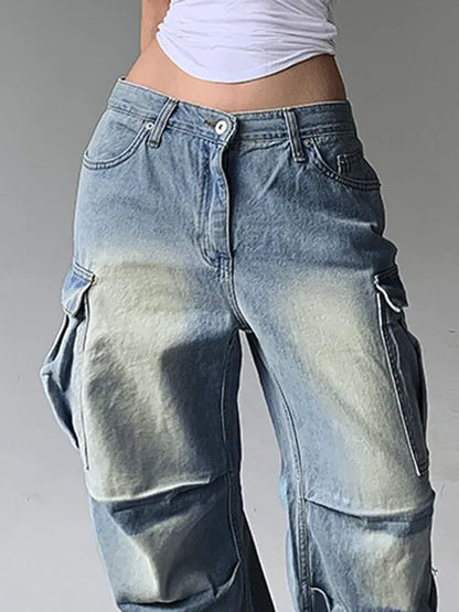 Vintage Washed Ruched Baggy Cargo Jeans