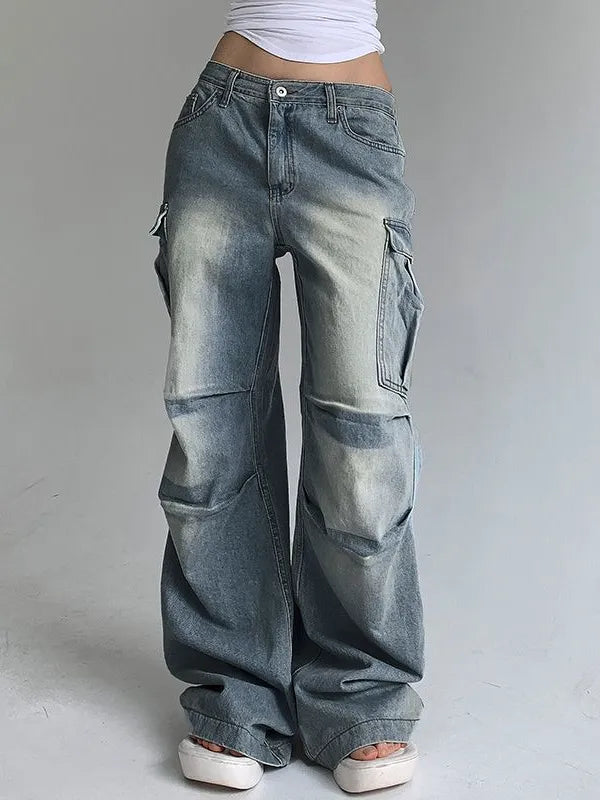 Vintage Washed Ruched Baggy Cargo Jeans