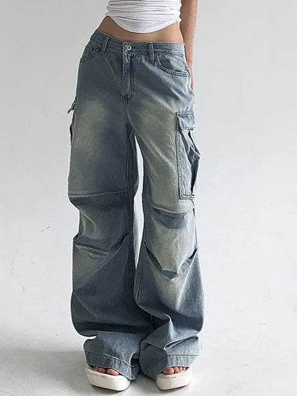 Vintage Washed Ruched Baggy Cargo Jeans