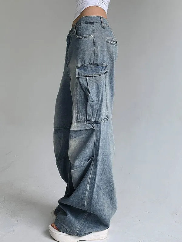 Vintage Washed Ruched Baggy Cargo Jeans