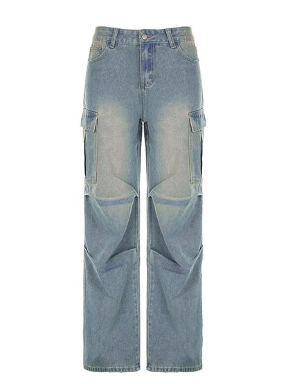 Vintage Washed Ruched Baggy Cargo Jeans