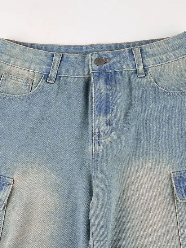 Vintage Washed Ruched Baggy Cargo Jeans