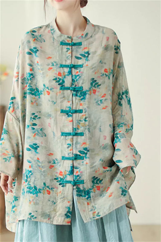 Vintage-Bluse im Zen-Stil mit bedrucktem chinesischem Knoten und Knopfleiste vorne