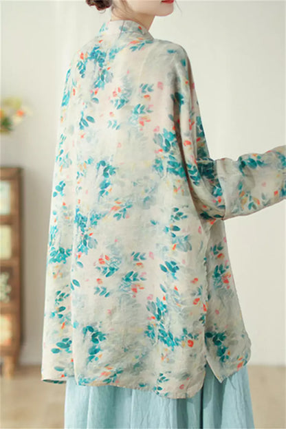 Vintage-Bluse im Zen-Stil mit bedrucktem chinesischem Knoten und Knopfleiste vorne