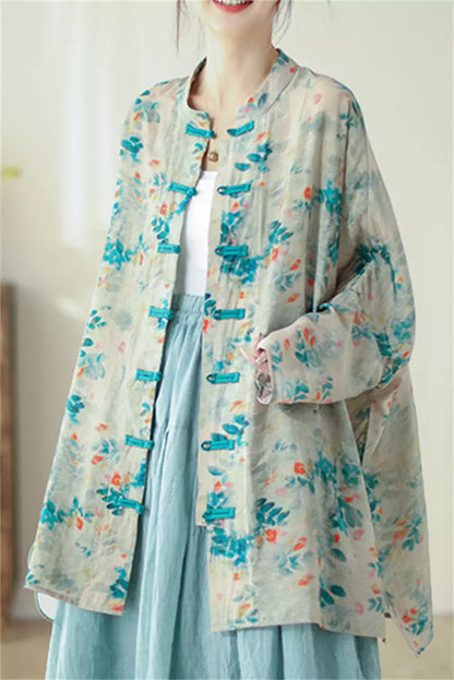 Vintage-Bluse im Zen-Stil mit bedrucktem chinesischem Knoten und Knopfleiste vorne