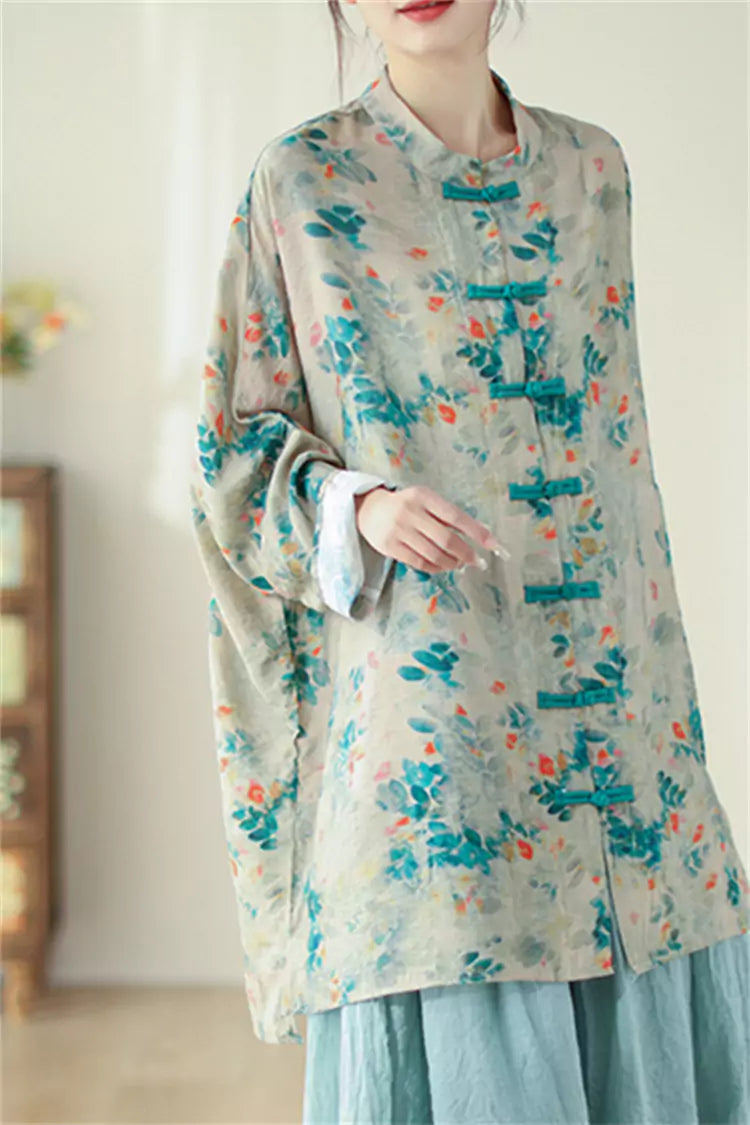 Vintage Zen Style Printed Chinese Knot Button Front Blouse