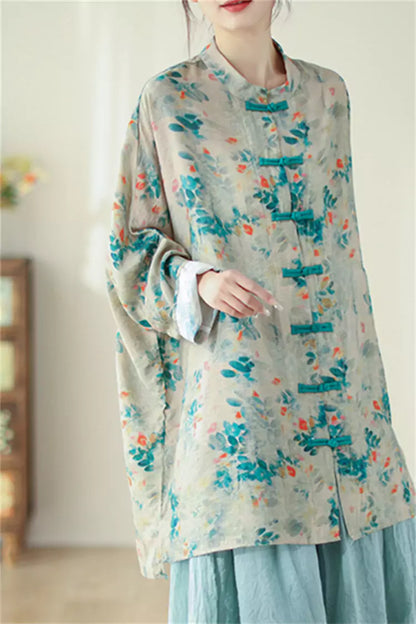 Vintage-Bluse im Zen-Stil mit bedrucktem chinesischem Knoten und Knopfleiste vorne