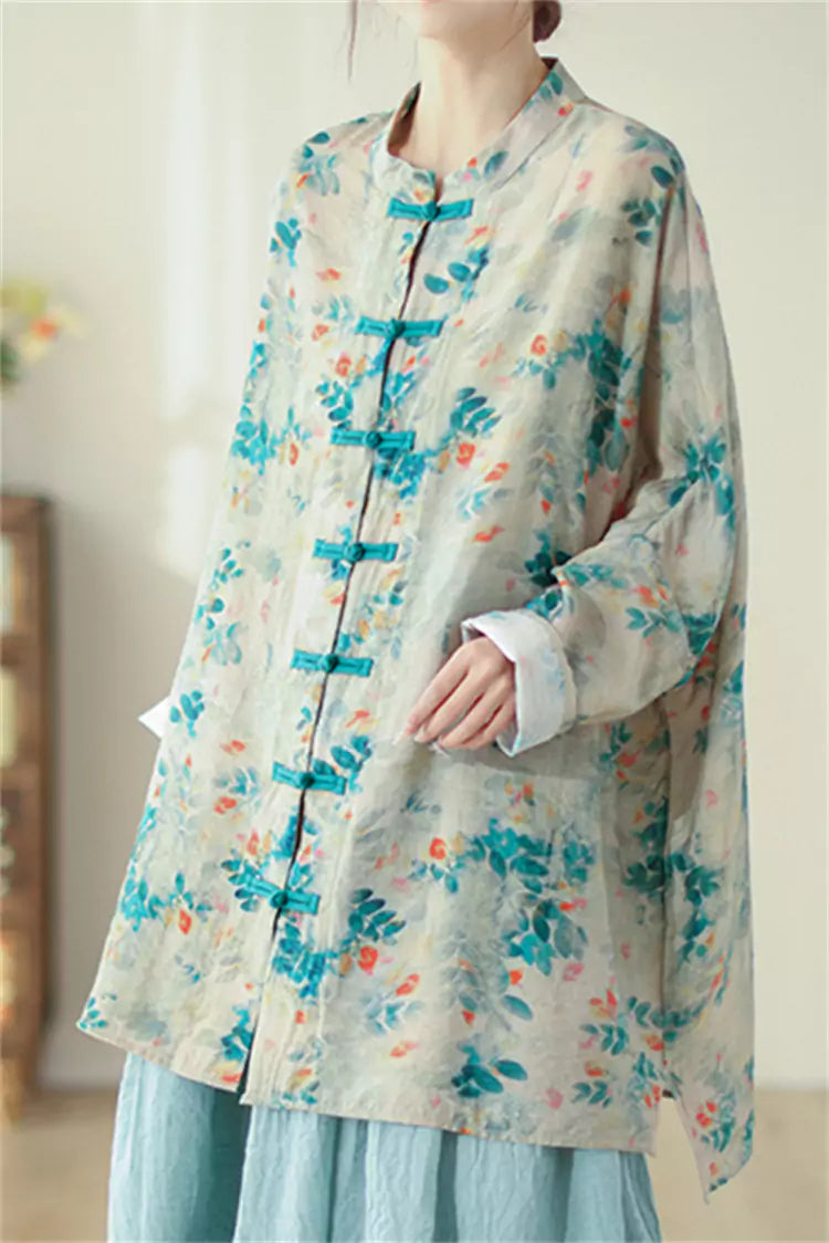 Vintage Zen Style Printed Chinese Knot Button Front Blouse