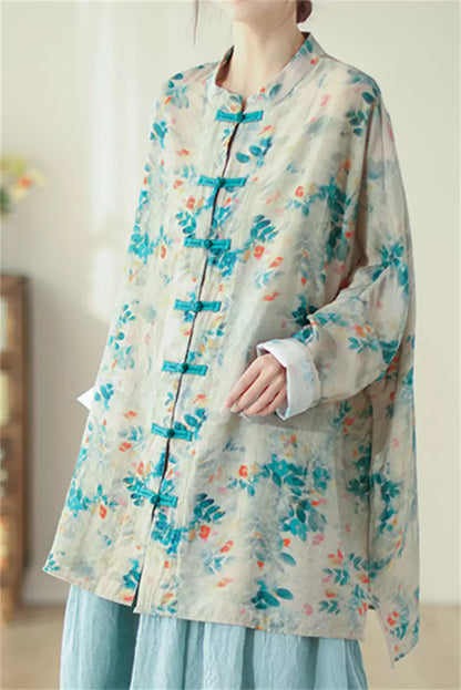 Vintage-Bluse im Zen-Stil mit bedrucktem chinesischem Knoten und Knopfleiste vorne