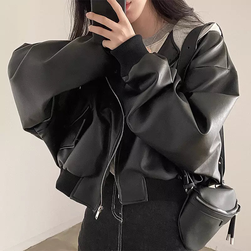 Vintage Zippered Double-Pocket Faux Two-Piece Hooded PU Leather Jacket