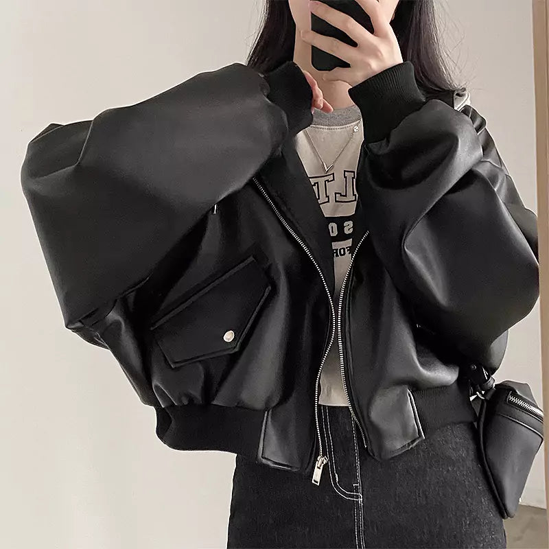 Vintage Zippered Double-Pocket Faux Two-Piece Hooded PU Leather Jacket