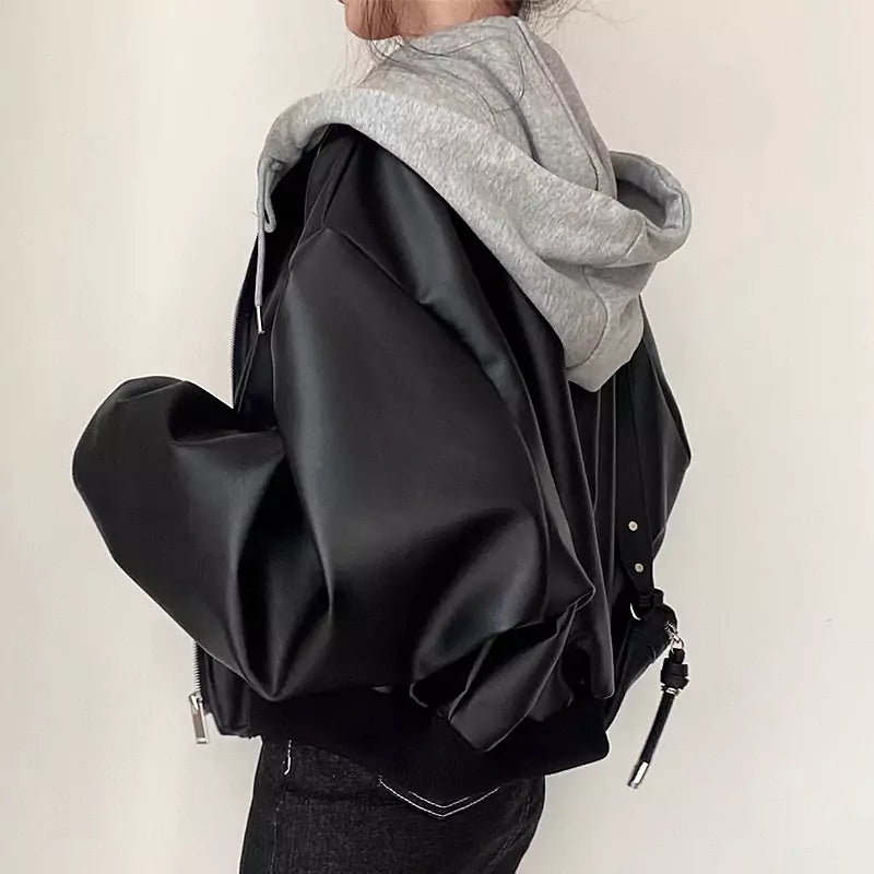 Vintage Zippered Double-Pocket Faux Two-Piece Hooded PU Leather Jacket