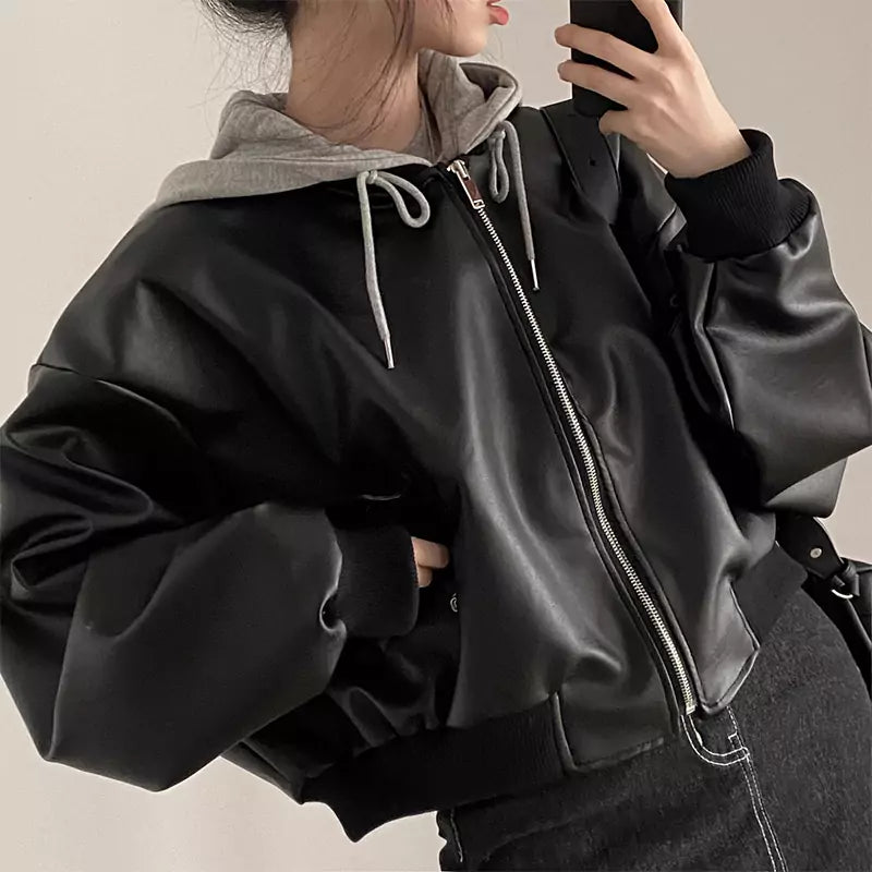 Vintage Zippered Double-Pocket Faux Two-Piece Hooded PU Leather Jacket
