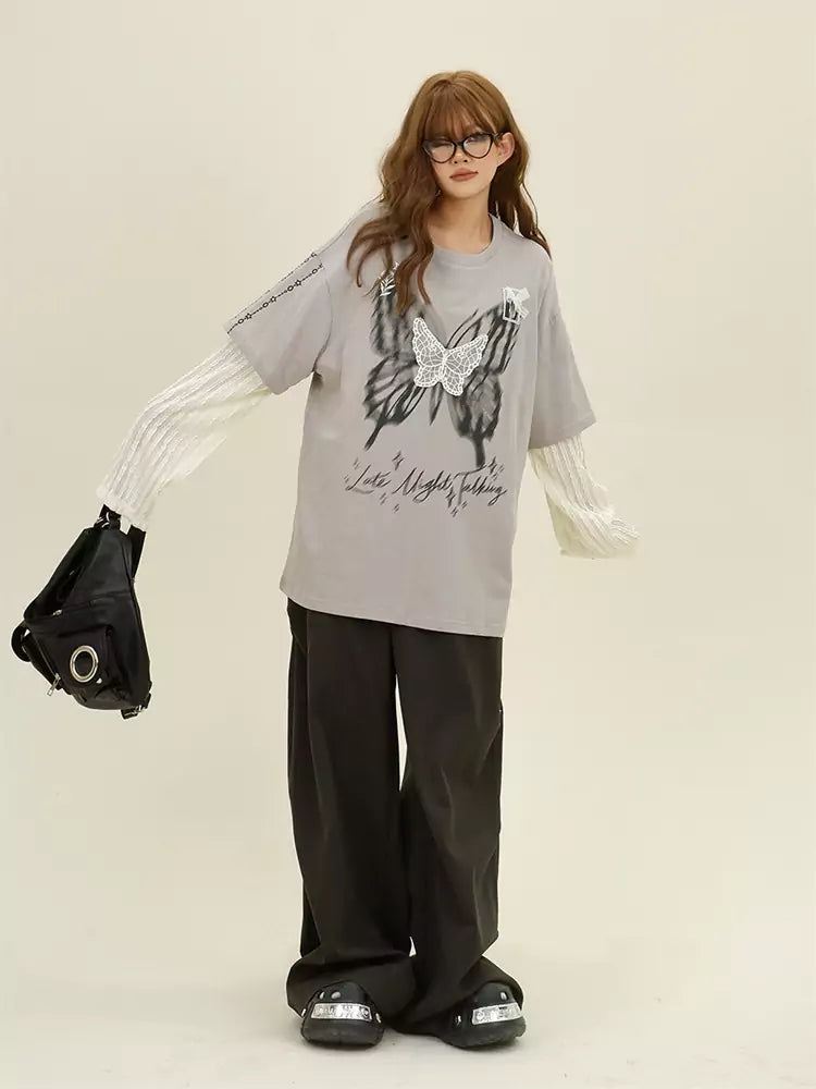 Vintage Butterfly Fake Two Piece Long Sleeve Tee