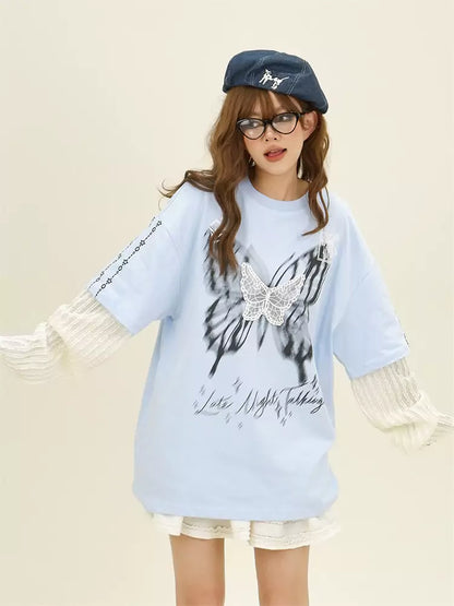 Vintage-Langarmshirt mit Schmetterlings-Fake, zweiteilig, zweiteilig