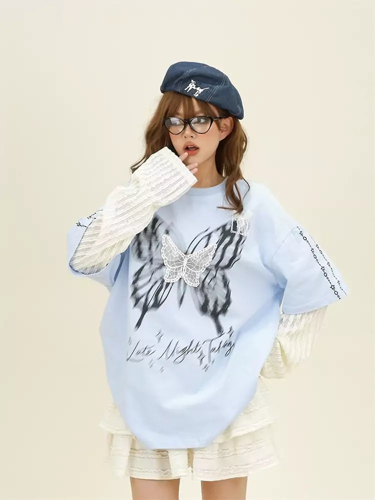 Vintage Butterfly Fake Two Piece Long Sleeve Tee