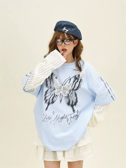 Vintage-Langarmshirt mit Schmetterlings-Fake, zweiteilig, zweiteilig