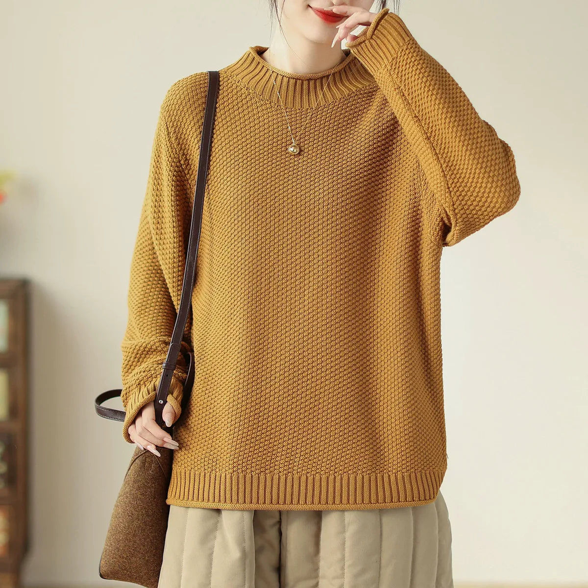 Waffle Knit Mock Neck Pullover Sweater