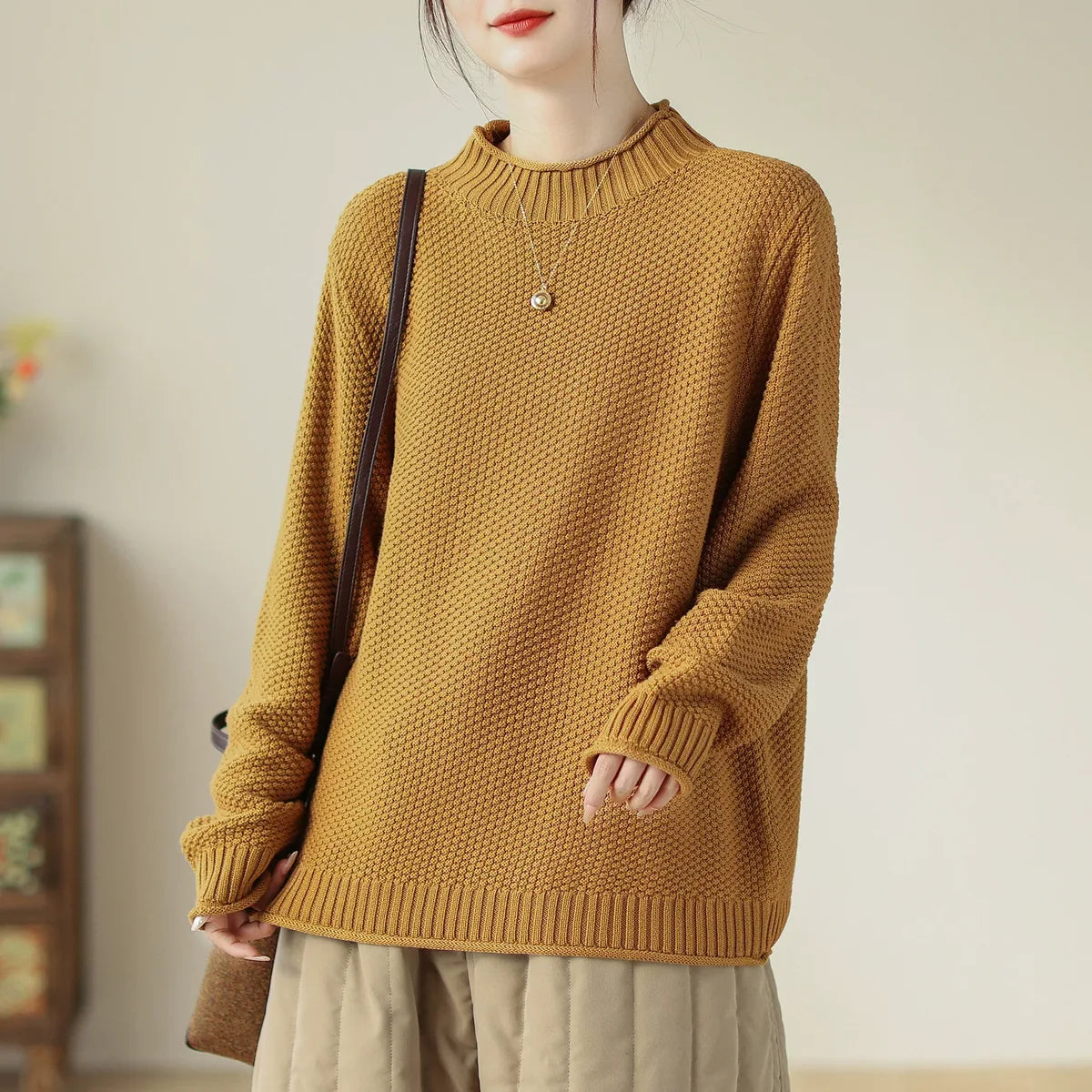 Waffle Knit Mock Neck Pullover Sweater