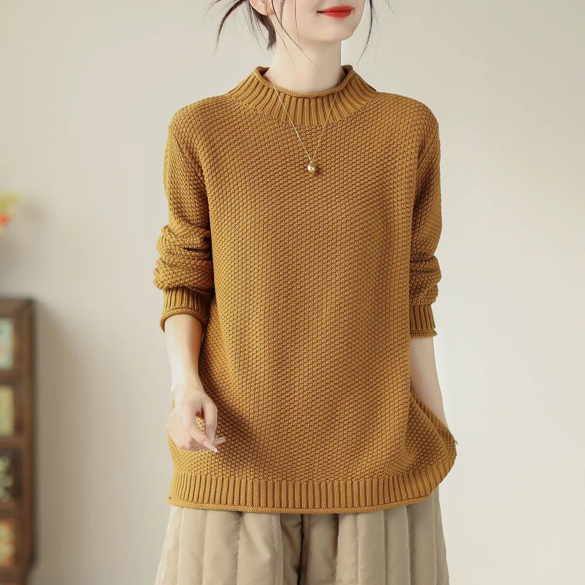 Waffle Knit Mock Neck Pullover Sweater