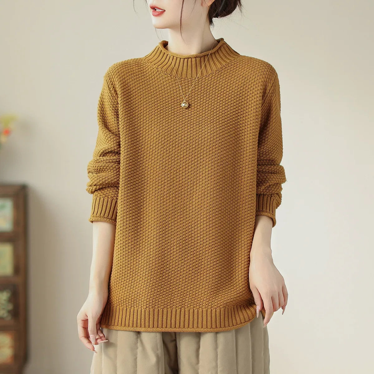 Waffle Knit Mock Neck Pullover Sweater