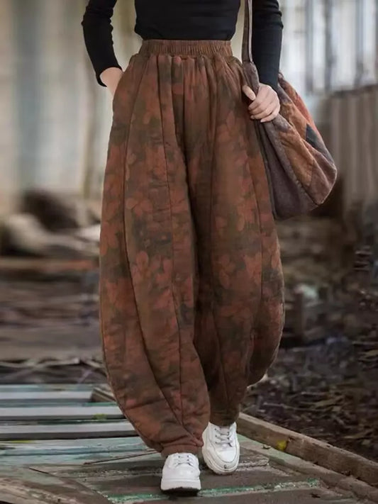 Warm Linen Cotton Harem Pants with Traditional Chinese Print