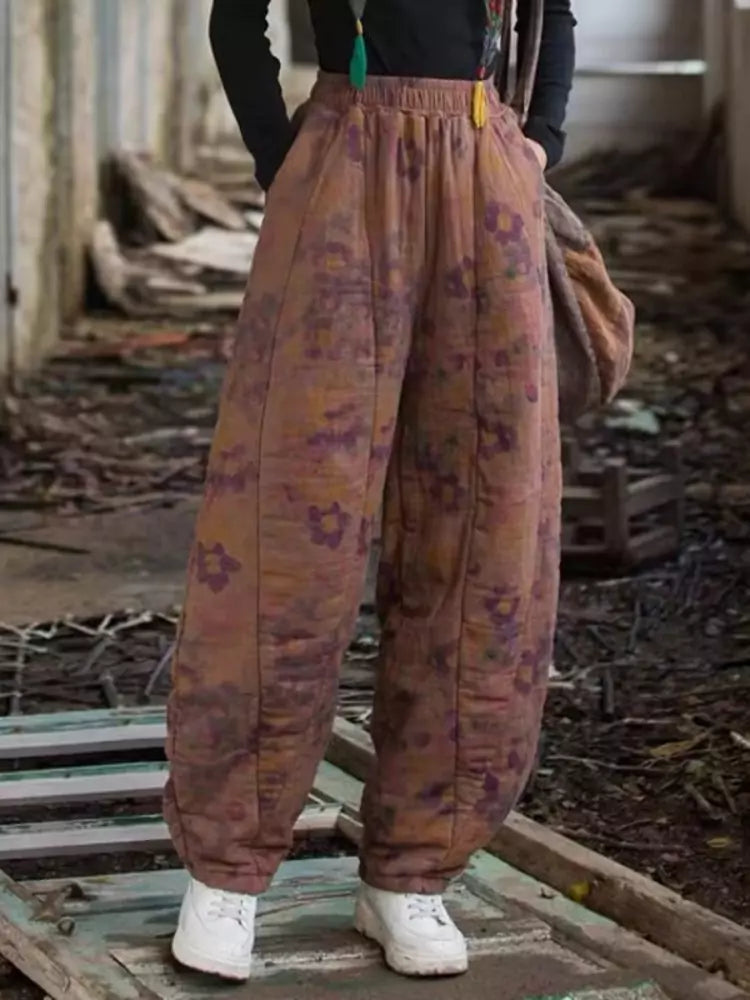 Warm Linen Cotton Harem Pants with Traditional Chinese Print