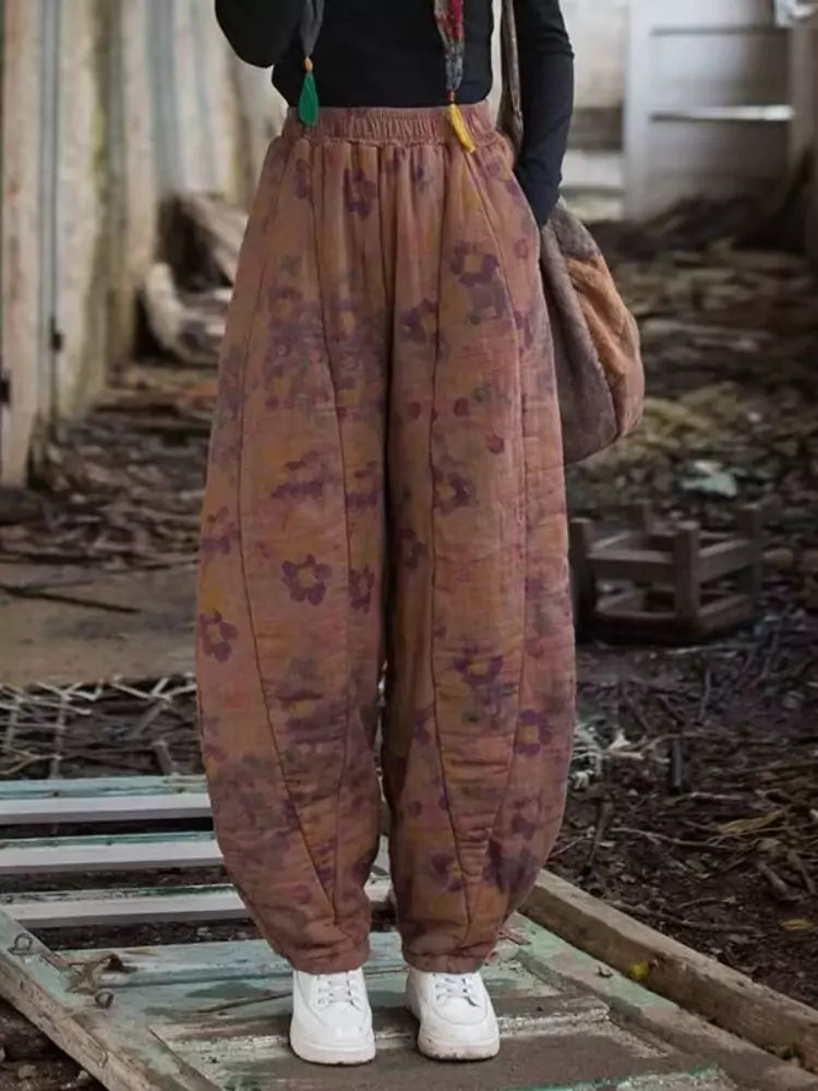 Warm Linen Cotton Harem Pants with Traditional Chinese Print