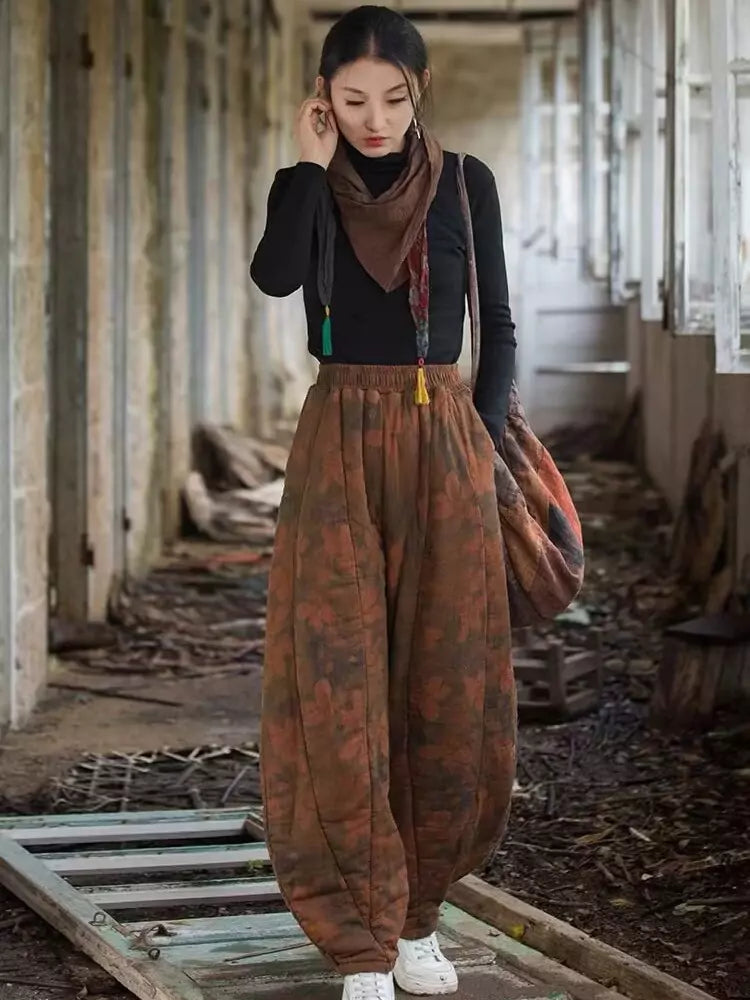 Warm Linen Cotton Harem Pants with Traditional Chinese Print