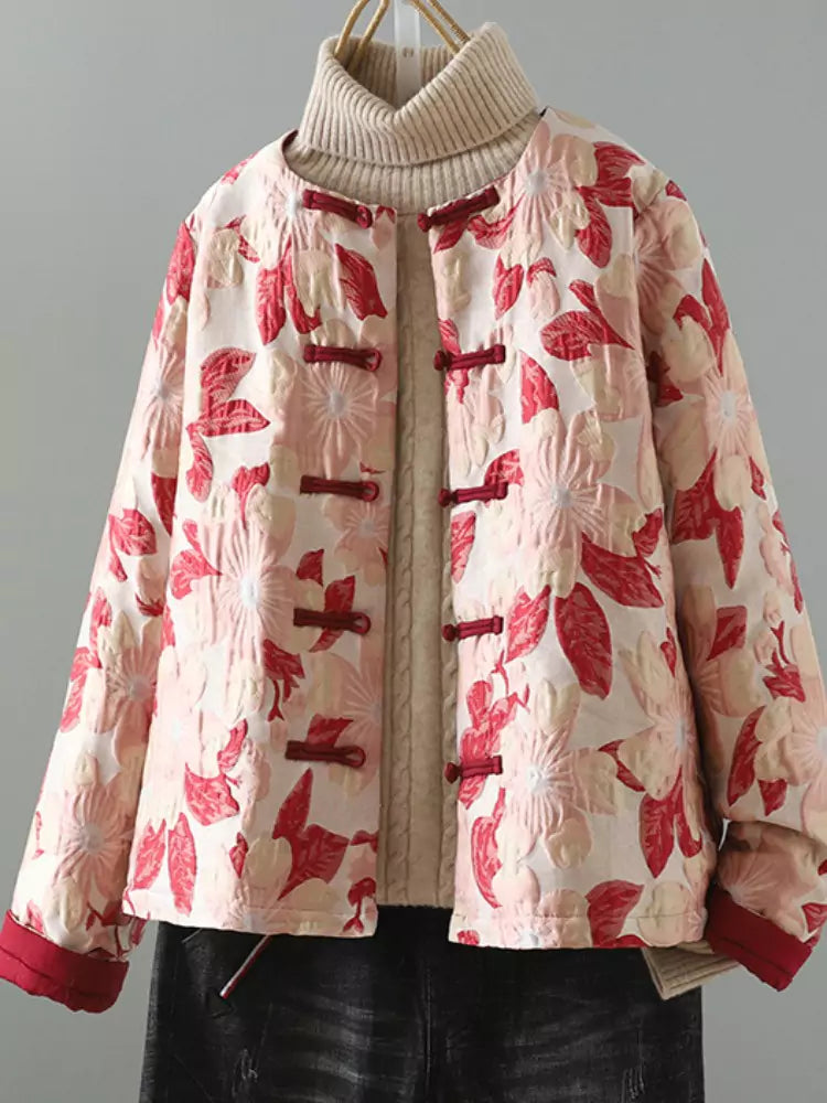 Warm Padded Coat with Embossed Floral Pattern and Stand Collar