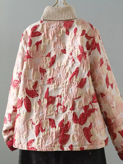 Warmer, wattierter Mantel mit geprägtem Blumenmuster und Stehkragen