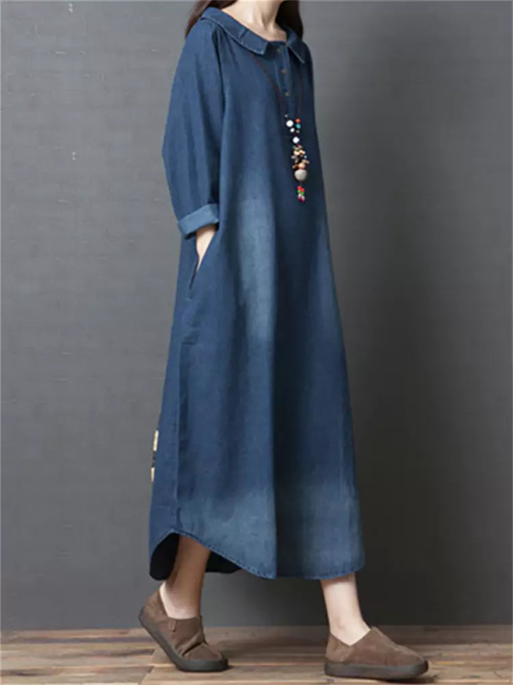 Loose Peter Pan Collar Washed Denim Mid Dress Long Sleeve