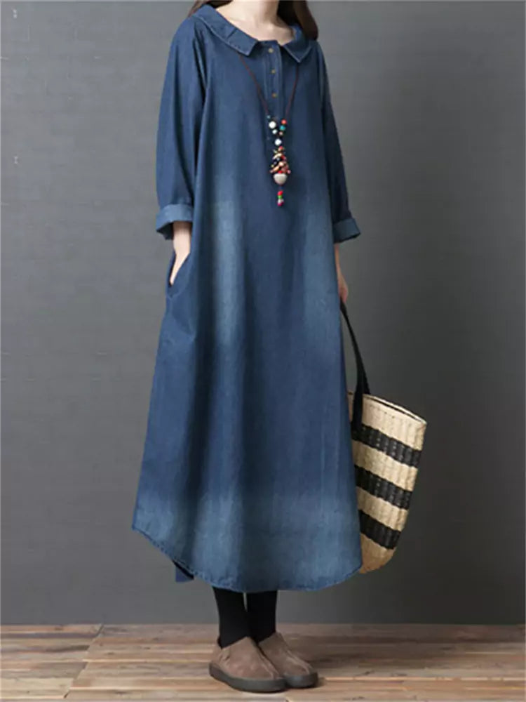 Loose Peter Pan Collar Washed Denim Mid Dress Long Sleeve