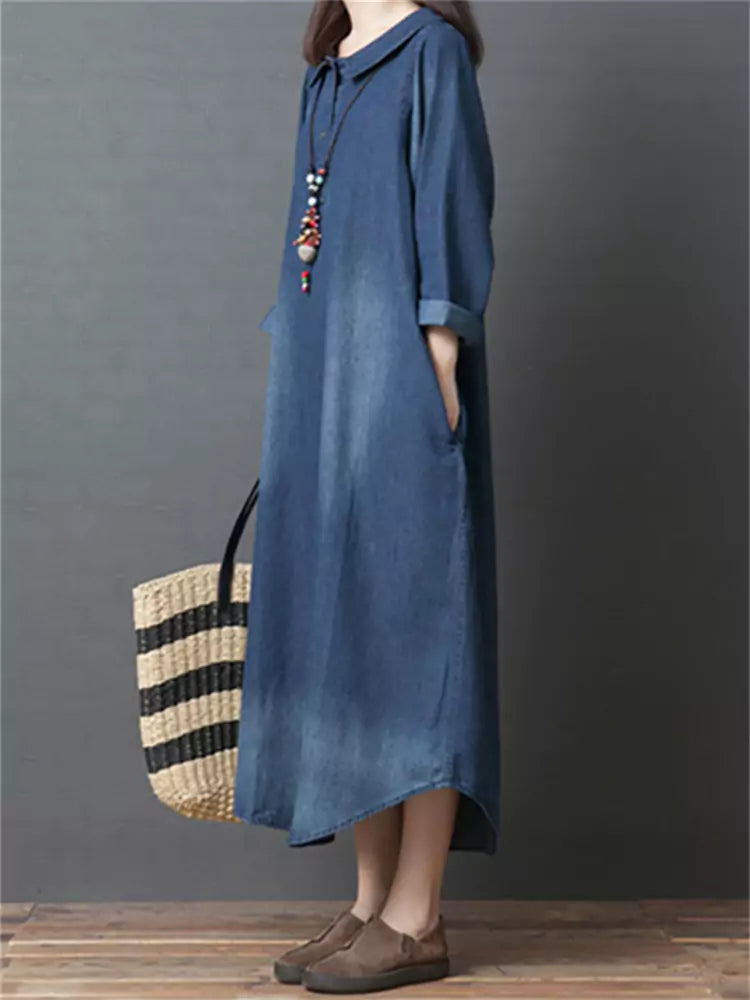 Loose Peter Pan Collar Washed Denim Mid Dress Long Sleeve