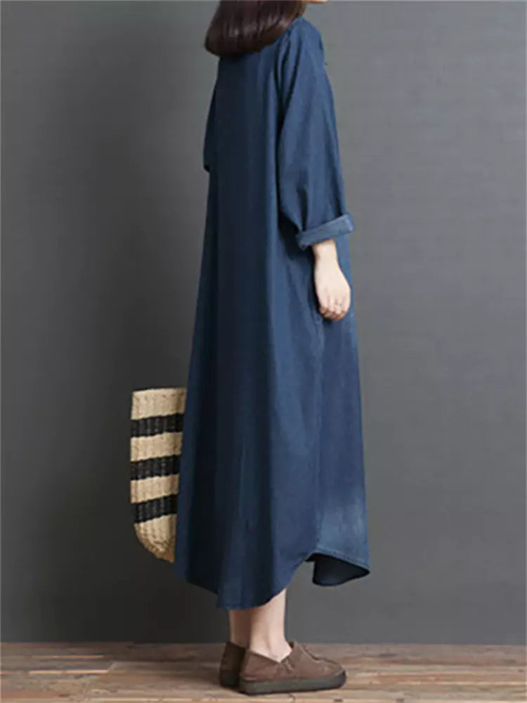 Loose Peter Pan Collar Washed Denim Mid Dress Long Sleeve