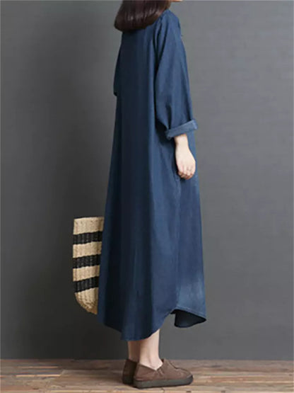 Vestido vaquero lavado de manga larga y cuello Peter Pan holgado