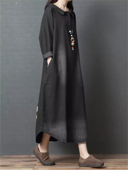 Vestido vaquero lavado de manga larga y cuello Peter Pan holgado