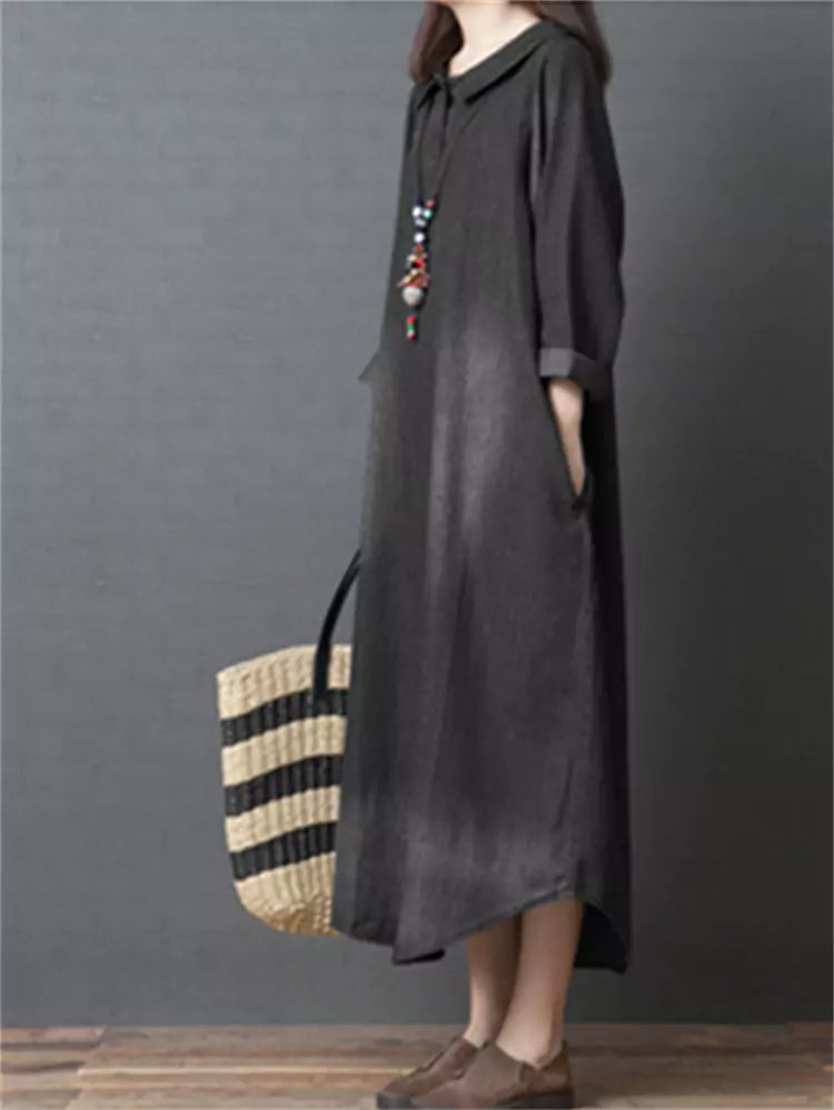 Loose Peter Pan Collar Washed Denim Mid Dress Long Sleeve