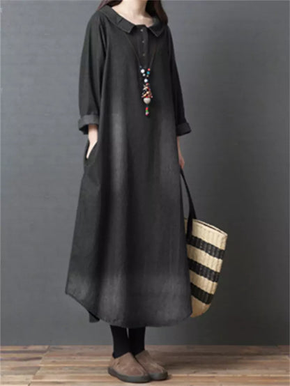 Vestido vaquero lavado de manga larga y cuello Peter Pan holgado