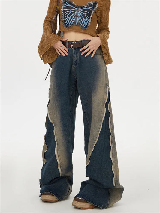 Washed Gradient  Zipper Baggy Jeans