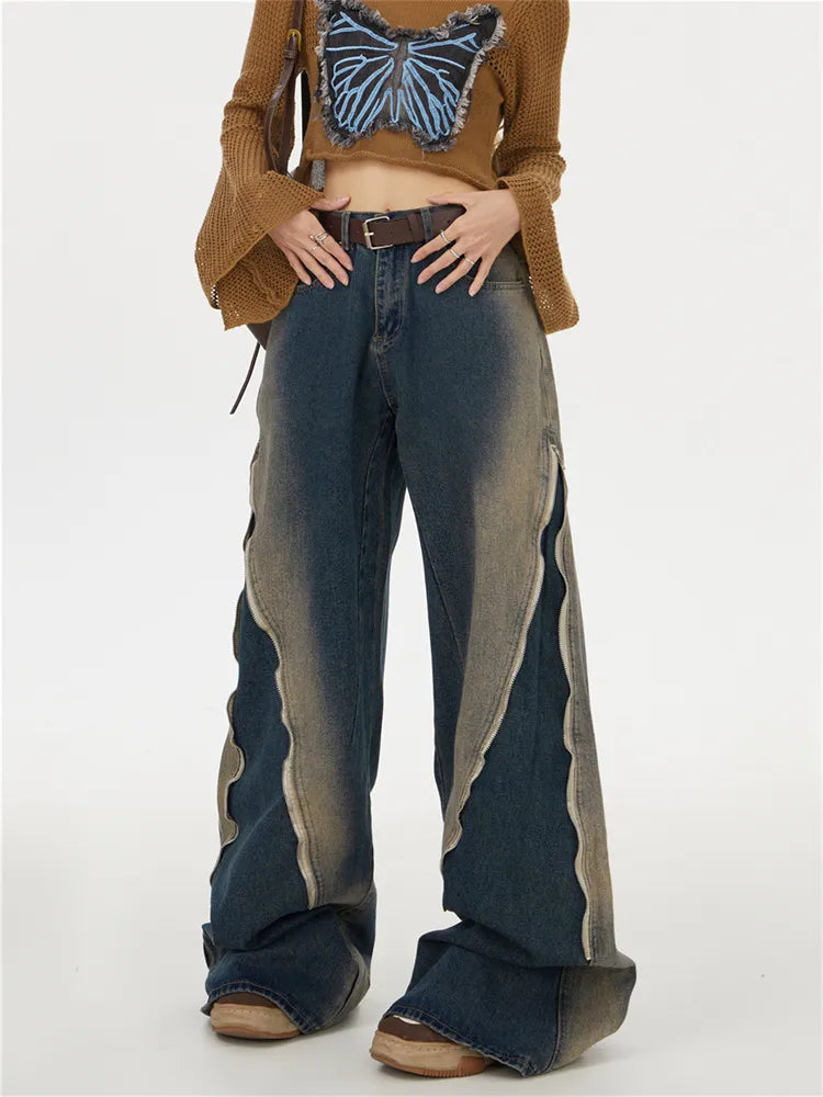 Verwaschene Baggy-Jeans mit Farbverlauf und Reißverschluss