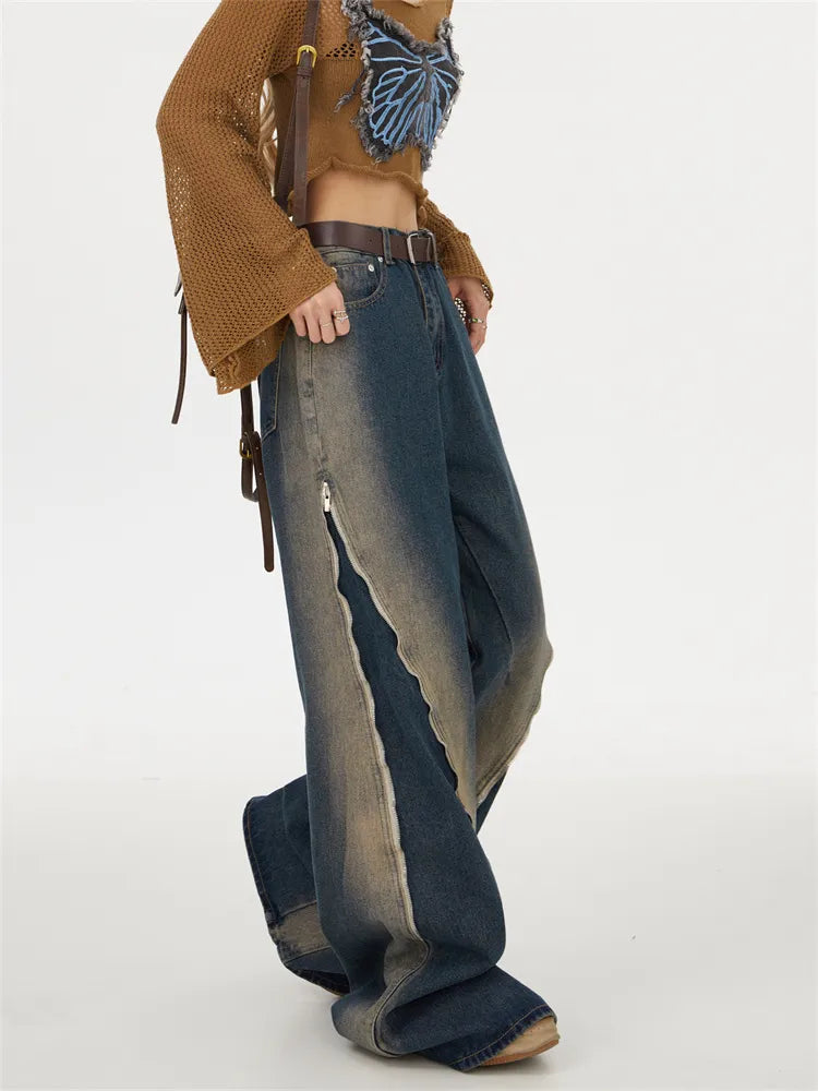 Verwaschene Baggy-Jeans mit Farbverlauf und Reißverschluss