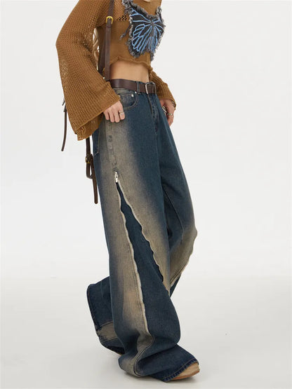 Vaqueros holgados con cremallera y degradado lavado