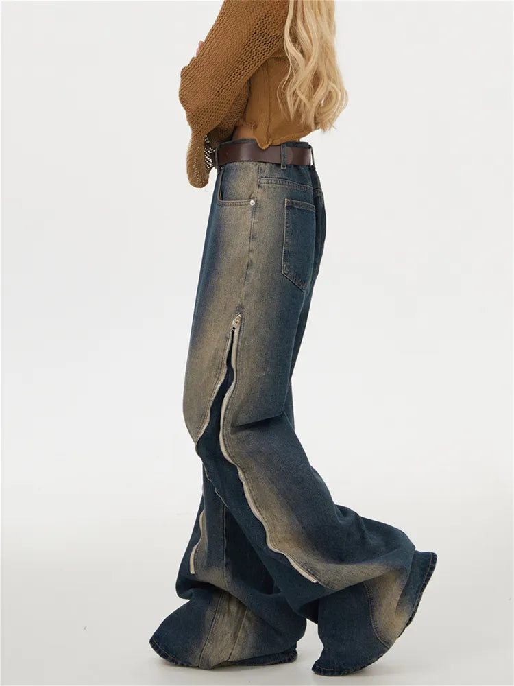 Verwaschene Baggy-Jeans mit Farbverlauf und Reißverschluss