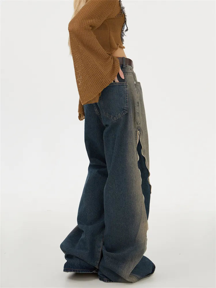 Verwaschene Baggy-Jeans mit Farbverlauf und Reißverschluss