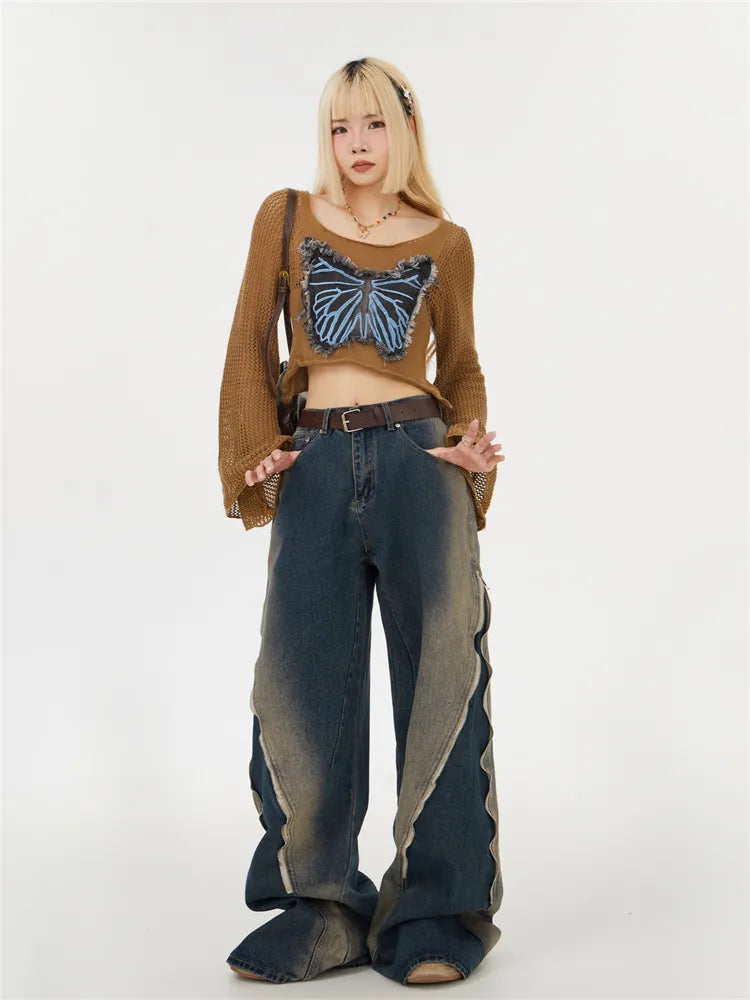 Verwaschene Baggy-Jeans mit Farbverlauf und Reißverschluss