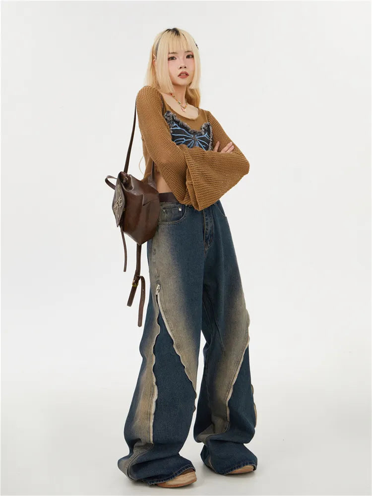 Verwaschene Baggy-Jeans mit Farbverlauf und Reißverschluss