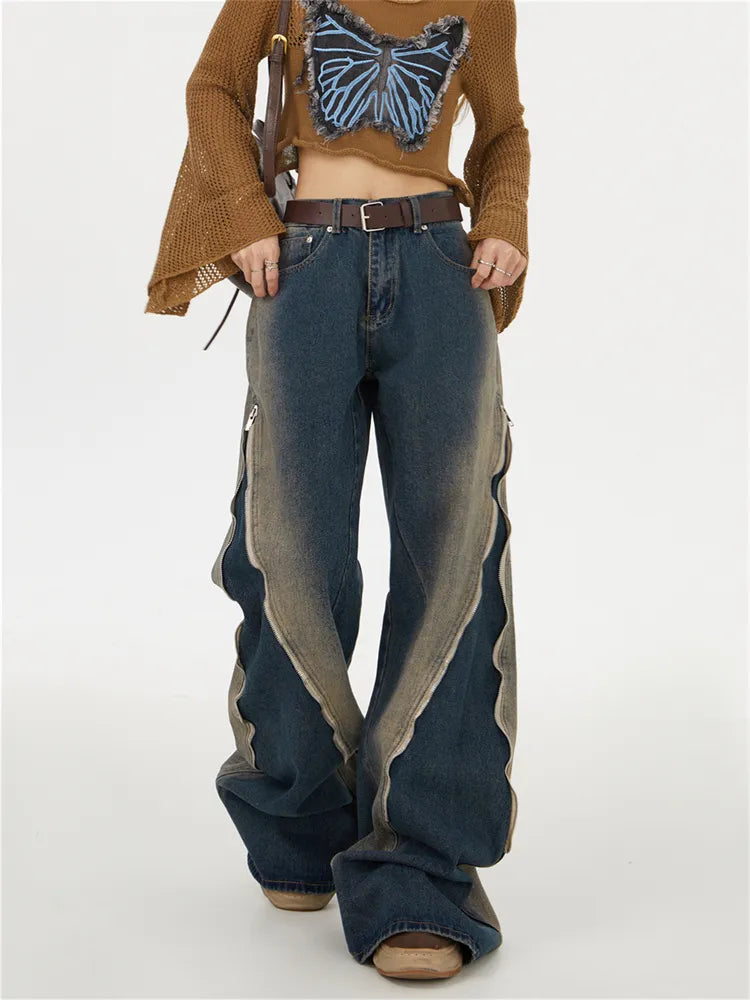 Verwaschene Baggy-Jeans mit Farbverlauf und Reißverschluss