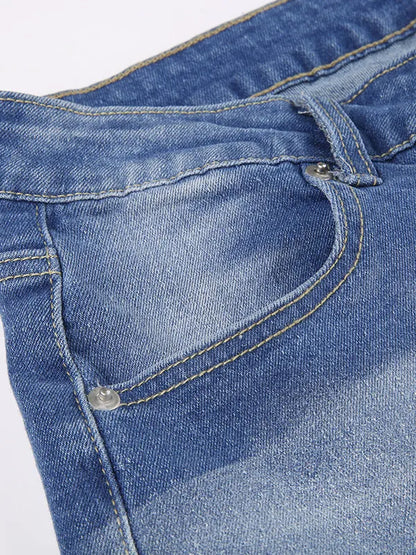 Washed High Waist Raw Hem Flare Slim Jeans